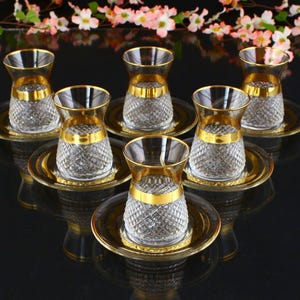 Handmade Turkish Tea Set: Gold Embroidered Coffee Cups, Saucers, Wedding Favor