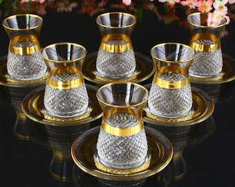 Luxury Tea&Coffee Cup Set for 6 Person | Premium Turkish Tea Glasses with Saucer and Arabic Myrrh Coffee Cup | Wedding Favor for Tea-Lover |