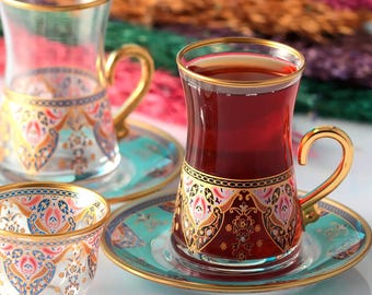 Handcrafted Turkish Tea Glass Set of 6 with Saucers – Vintage Style Tea Cups – Elegant Arabic, Persian, Moroccan Tea Cups for Tea Ceremony