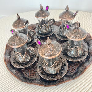 Handmade Turkish- Arabic Tea Glass Set for 6 Person - Traditional Turkish Motifs - Novelty Tea Lover Mother Day Gift for Mom, Grandma, Women