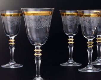 Colored Etched Unique Wine Glass Set of 6 - Vintage Style Engraved Wine Glass - Unique Gifts for Thanksgiving Day- Old Fashioned Stemware -