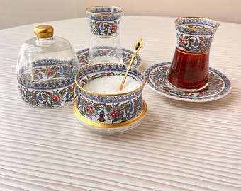 Handgefertigtes Teetassen-Set mit Zuckerdose | Türkisches Teeglas-Set | Authentisches Teeglas-Set Geschenk für Teeliebhaber |