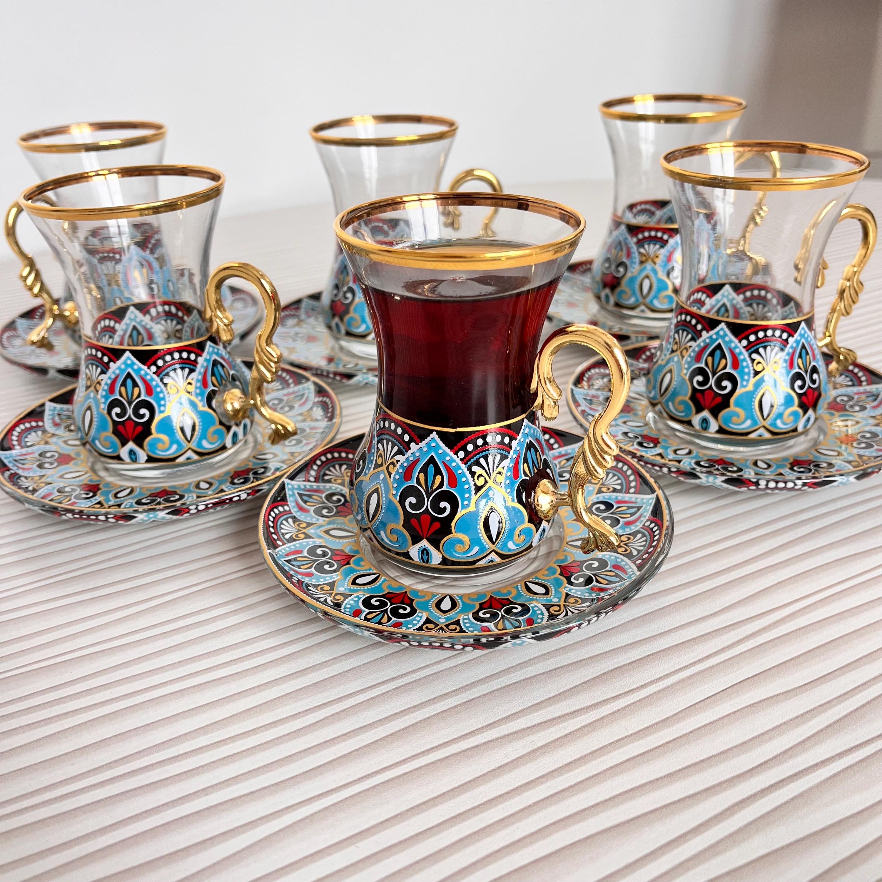 Set Of 6) DEMMEX Turkish Tea Glasses Set With Holders, Saucers, Spoons