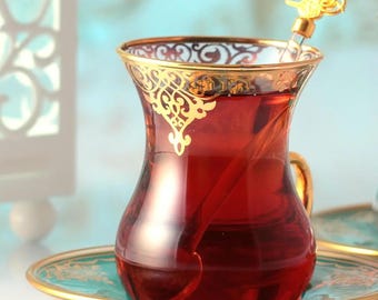 Fancy Turkish Tea Cups for 6 Person | Premium Wedding Favor | Arab Tea Glass Set|  Parsian Tea Set | Mother's Day Gift for Women |