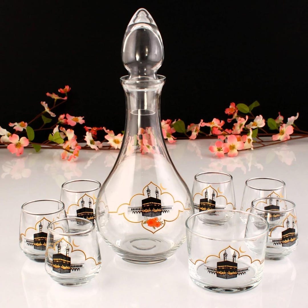 Handmade With Kaaba Motif Zamzam Pitcher and Cup Set | 8 Pcs