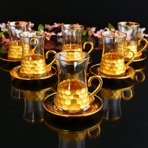 Gold Turkish Tea Cup Set: Handcrafted Arabic Glass Tea Party Cups