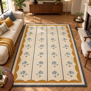 Scalloped wool rug, Floral area rug, Blue flower rug, Hand tufted carpet, Scallop border rug, Aesthetic room rug, Wool living room rug, French country rug, Custom area rug, Cream neutral rug, Bedroom wool rug, Large rug 8x10, Mustard yellow rug 8x10 area rug, 9x12 wool rug, 5x8 area rug, 6x9 living room rug, 8x8 square rug, 9x9 bedroom rug, 8x11 tufted rug, 9x10 wool rug, 10x12 large rug, 10x14 area rug, 10x15 floor rug, 10x18 extra large, Custom size rug