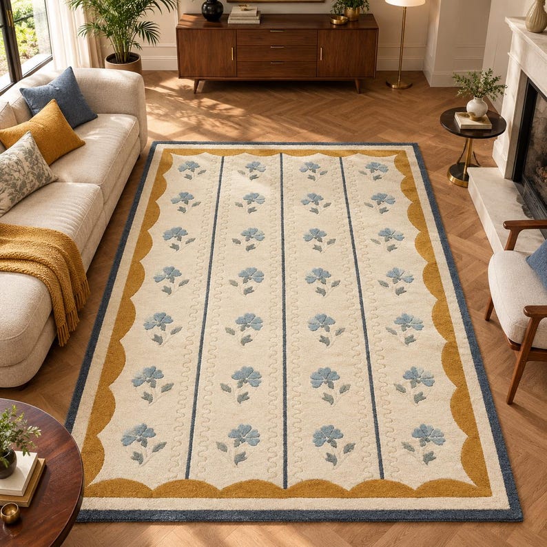Scalloped wool rug, Floral area rug, Blue flower rug, Hand tufted carpet, Scallop border rug, Aesthetic room rug, Wool living room rug, French country rug, Custom area rug, Cream neutral rug, Bedroom wool rug, Large rug 8x10, Mustard yellow rug 8x10 area rug, 9x12 wool rug, 5x8 area rug, 6x9 living room rug, 8x8 square rug, 9x9 bedroom rug, 8x11 tufted rug, 9x10 wool rug, 10x12 large rug, 10x14 area rug, 10x15 floor rug, 10x18 extra large, Custom size rug