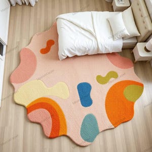 Pink Irregular Rug in Hand-Tufted Wool Rug for Bedroom Area, Guesthouse Rug, Soft Earth Handmade Rug for Living, Unique Rug 8x8 10x10 Feet