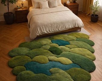 Handmade Moss Green Pebble Shape Rug – Organic Cloud Design Wool Area Rug – Nature-Inspired Modern Carpet for Bedroom & Living Room Decor