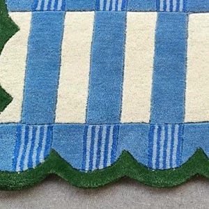 Handmade Blue & Ivory Checkered Runner Rug with Green Scalloped Edge – Modern Wool Hallway Runner, Kitchen Entryway Carpet, Custom Size Rug