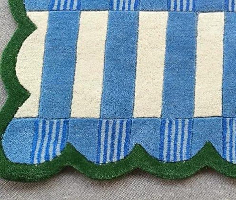 Handmade Blue & Ivory Checkered Runner Rug with Green Scalloped Edge – Modern Wool Hallway Runner, Kitchen Entryway Carpet, Custom Size Rug