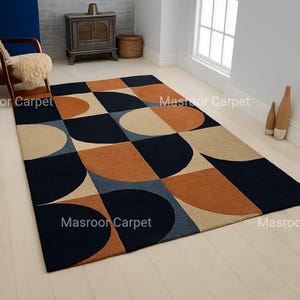 Abstract Geometric Wool Rug, Deep Abyss Inspired Tufted Area Rug, Modern Layered Statement Decormasroor carpetmasroor carpet