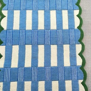 Handmade Blue & Ivory Checkered Runner Rug with Green Scalloped Edge – Modern Wool Hallway Runner, Kitchen Entryway Carpet, Custom Size Rug