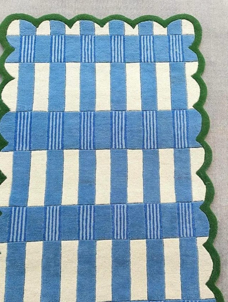 Handmade Blue & Ivory Checkered Runner Rug with Green Scalloped Edge – Modern Wool Hallway Runner, Kitchen Entryway Carpet, Custom Size Rug