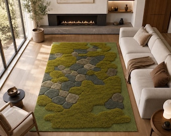 Hand Tufted Moss Rug, Sculpted Organic Stone Path Luxury Green Area Carpet Amazing quality Rugs