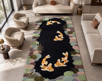 Moss Green Goldfish Pond Design runner Hand Tufted Wool Rug, Modern Abstract Amoeba Shape 3d Textured Living Room Rugs, Bedroom Area Rug