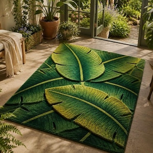 Banana Leaf Rug Handmade Tufted Rug, Tropical Rug Green Area Rug, Unique Irregular Rug, Custom Size Rug, Aesthetic Decor Rug