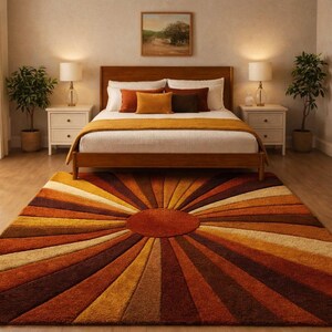 Sunburst Rug Mid Century Retro Area Rug, Handmade Wool Orange Brown Geometric Rug, Modern Area Rug For Living Room, Bedroom Carpet Decor