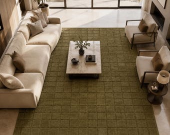Hand Tufted Wool Rug, Modern Grid Pattern, Olive Green Area Rug, Minimalist Decor
