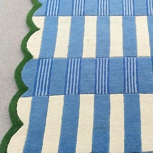 Handmade Blue & Ivory Checkered Runner Rug with Green Scalloped Edge – Modern Wool Hallway Runner, Kitchen Entryway Carpet, Custom Size Rug
