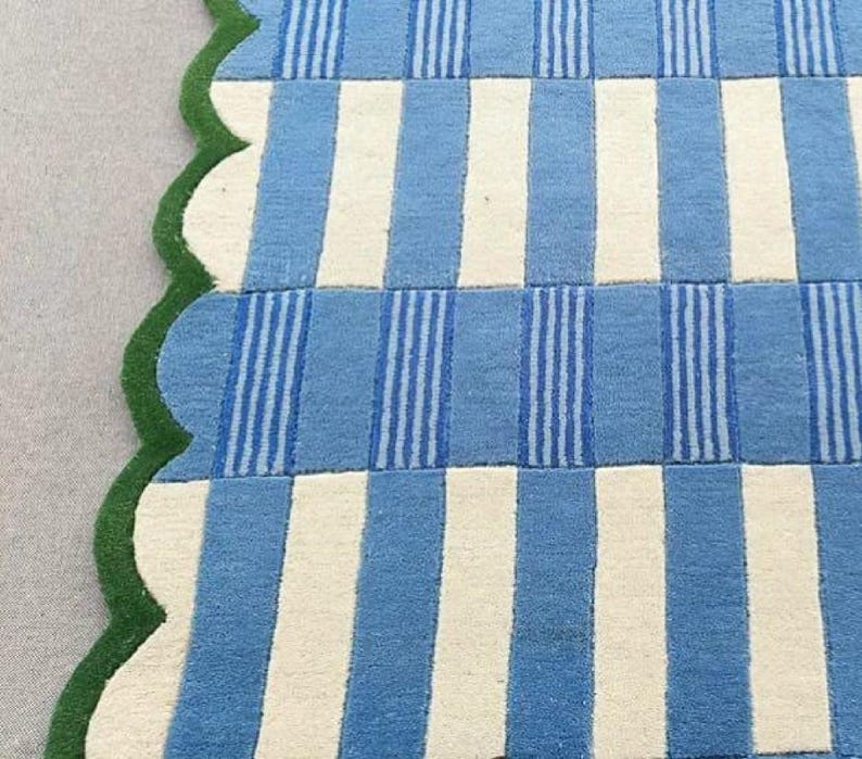 Handmade Blue & Ivory Checkered Runner Rug with Green Scalloped Edge – Modern Wool Hallway Runner, Kitchen Entryway Carpet, Custom Size Rug