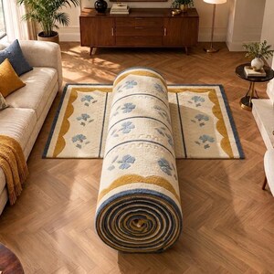 May include: A rectangular area rug with a cream-colored base, featuring a repeating pattern of light blue floral motifs and mustard yellow scalloped borders. The rug is partially unrolled, displaying a thick, tufted texture and blue edge trim.
