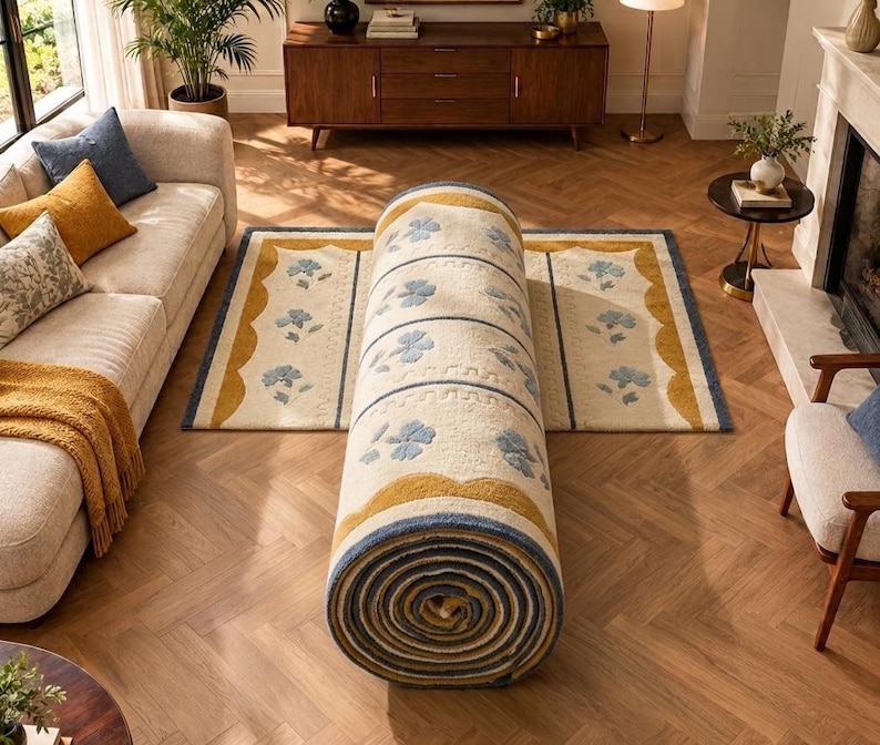 May include: A rectangular area rug with a cream-colored base, featuring a repeating pattern of light blue floral motifs and mustard yellow scalloped borders. The rug is partially unrolled, displaying a thick, tufted texture and blue edge trim.
