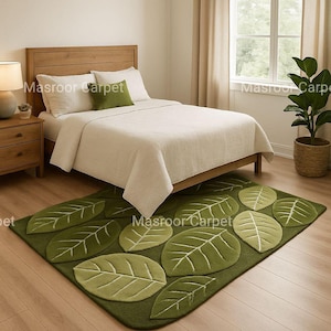 Green leaf rug: green leaves on a mossy olive background, delivering a modern nature-inspired look with vein details for depth. Available in