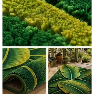 Banana Leaf Rug Handmade Tufted Rug, Tropical Rug Green Area Rug, Unique Irregular Rug, Custom Size Rug, Aesthetic Decor Rug