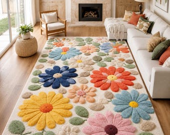 Daisy Flower Rug Colorful Tufted Floral Rug, Retro Flower Carpet, Kids Room Rug, Soft Plush Statement Area Rug, Cute Bedroom Decor