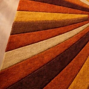 Sunburst Rug Mid Century Retro Area Rug, Handmade Wool Orange Brown Geometric Rug, Modern Area Rug For Living Room, Bedroom Carpet Decor