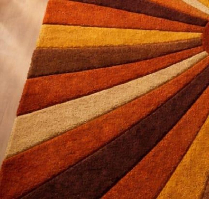 Sunburst Rug Mid Century Retro Area Rug, Handmade Wool Orange Brown Geometric Rug, Modern Area Rug For Living Room, Bedroom Carpet Decor