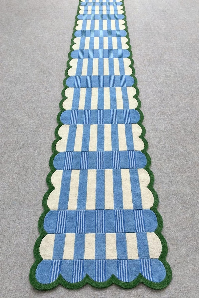 Handmade Blue & Ivory Checkered Runner Rug with Green Scalloped Edge – Modern Wool Hallway Runner, Kitchen Entryway Carpet, Custom Size Rug