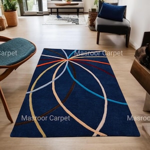Handcrafted rug Abstract Hand-Tufted Rug—Plush Wool for Contemporary Homes Blue Geometric Area Rug—Durable & Soft for red and blue rugs 5x8