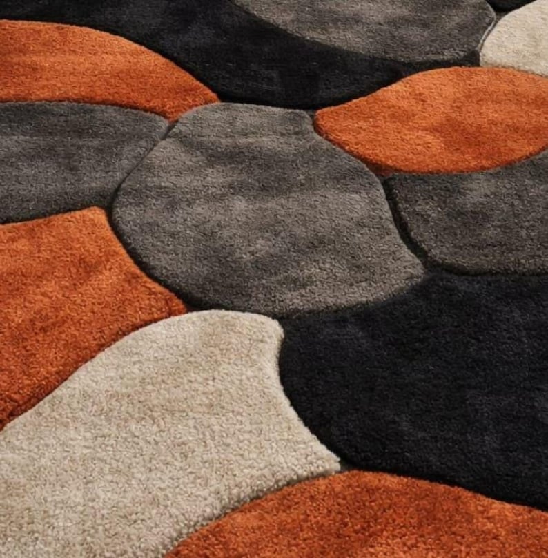 Handmade Wool Rug, Abstract Retro Rug, Orange Black Carpet, Wavy Pattern Rug, Hand Tufted Wool Rug, Living Room Rug Accentmasroor carpet