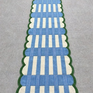 Handmade Blue & Ivory Checkered Runner Rug with Green Scalloped Edge – Modern Wool Hallway Runner, Kitchen Entryway Carpet, Custom Size Rug