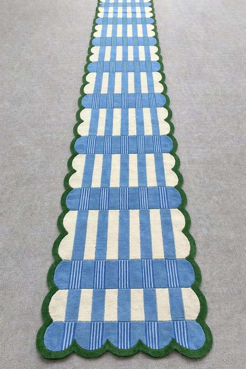 Handmade Blue & Ivory Checkered Runner Rug with Green Scalloped Edge – Modern Wool Hallway Runner, Kitchen Entryway Carpet, Custom Size Rug