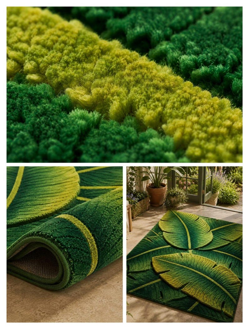 Banana Leaf Rug Handmade Tufted Rug, Tropical Rug Green Area Rug, Unique Irregular Rug, Custom Size Rug, Aesthetic Decor Rug