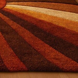 Sunburst Rug Mid Century Retro Area Rug, Handmade Wool Orange Brown Geometric Rug, Modern Area Rug For Living Room, Bedroom Carpet Decor