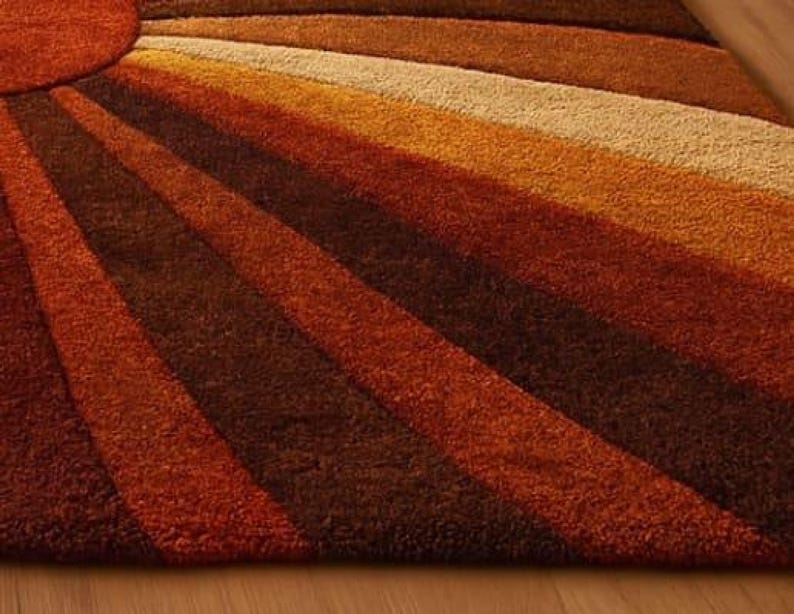 Sunburst Rug Mid Century Retro Area Rug, Handmade Wool Orange Brown Geometric Rug, Modern Area Rug For Living Room, Bedroom Carpet Decor