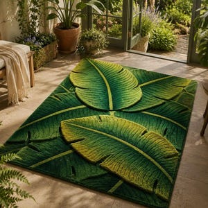 Banana Leaf Rug Handmade Tufted Rug, Tropical Rug Green Area Rug, Unique Irregular Rug, Custom Size Rug, Aesthetic Decor Rug