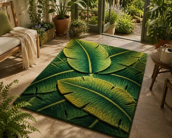 Banana Leaf Rug Handmade Tufted Rug, Tropical Rug Green Area Rug, Unique Irregular Rug, Custom Size Rug, Aesthetic Decor Rug