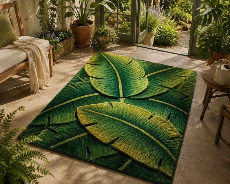 Banana Leaf Rug Handmade Tufted Rug, Tropical Rug Green Area Rug, Unique Irregular Rug, Custom Size Rug, Aesthetic Decor Rug
