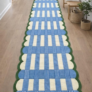 Handmade Blue & Ivory Checkered Runner Rug with Green Scalloped Edge – Modern Wool Hallway Runner, Kitchen Entryway Carpet, Custom Size Rug