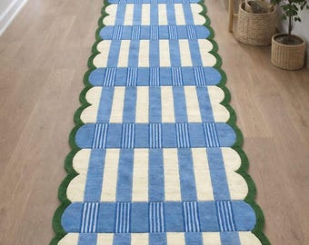 Handmade Runner Rug, Blue Ivory Checkered Wool, Scalloped Edge Rug, Hallway Runner Rug, Kitchen Entryway, Custom Size Runner