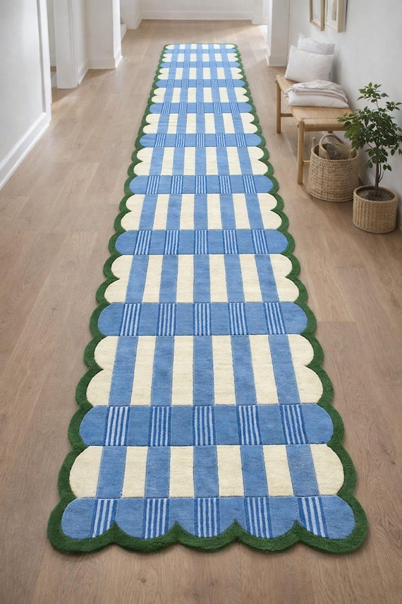 Handmade Runner Rug, Blue Ivory Checkered Wool, Scalloped Edge Rug, Hallway Runner Rug, Kitchen Entryway, Custom Size Runner