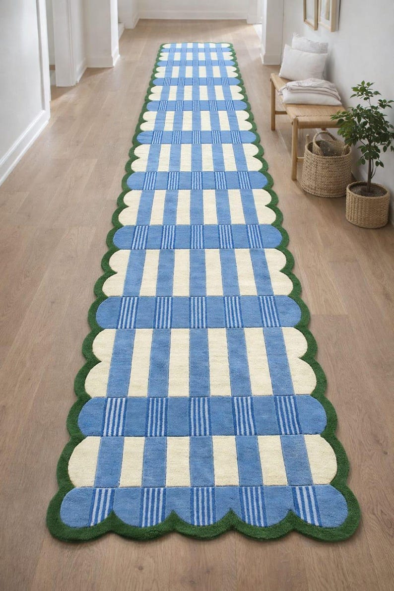 Handmade Blue & Ivory Checkered Runner Rug with Green Scalloped Edge – Modern Wool Hallway Runner, Kitchen Entryway Carpet, Custom Size Rug