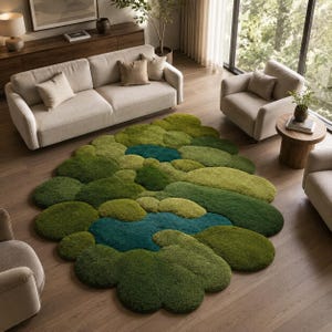 May include: An oval-shaped area rug featuring a textured, multi-layered design composed of various rounded, pebble-like segments in shades of forest green, olive, lime, and deep teal, creating a dense, moss-like appearance on the floor.