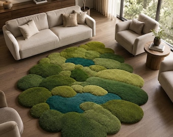 Hand-Tufted Wool Rug – Moss Green Pebble Cloud Shape, Nature-Inspired Carpet